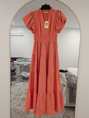 Entro Coral Puff-Sleeve Tiered Maxi Dress